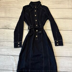 White House‎ Black Market Dark Denim Button Up Belted Long Sleeve Collared Dress